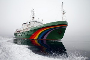 The Greenpeace ship Esperanza in the Davis Strait off the coast of Greenland. Greenpeace is in the Arctic attempting to prevent deep sea oil drilling in a bid to protect the pristine Arctic environment. The Leiv Eiriksson is operated by Cairn Energy and is the only rig in the world currently set to begin new deep sea drilling in the Arctic making it a clear and present danger to the arctic environment.