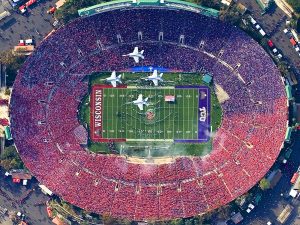 Bowled Over US Navy jets fly over the stadium shortly after the singing of the National Anthem during the 97th annual Rose Bowl game between the TCU Horned Frogs and the Wisconsin Badgers at the Rose Bowl in Pasadena, California. TCU defeated Wisconsin 21-19. Mark Holtzman/West Coast Aerial Photography 001