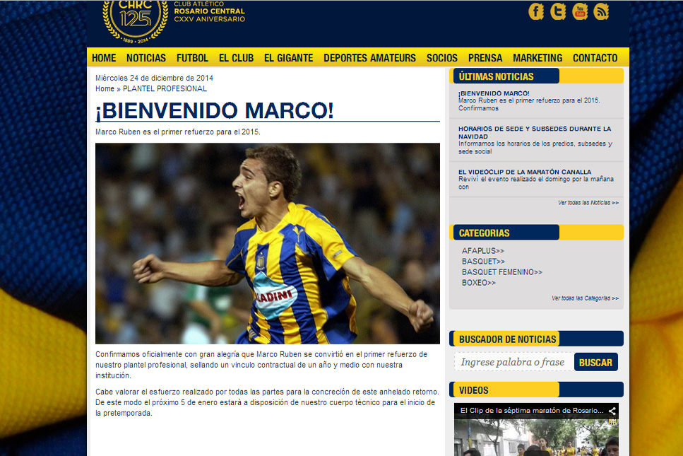 Central confirmó la contratación de Marco Ruben