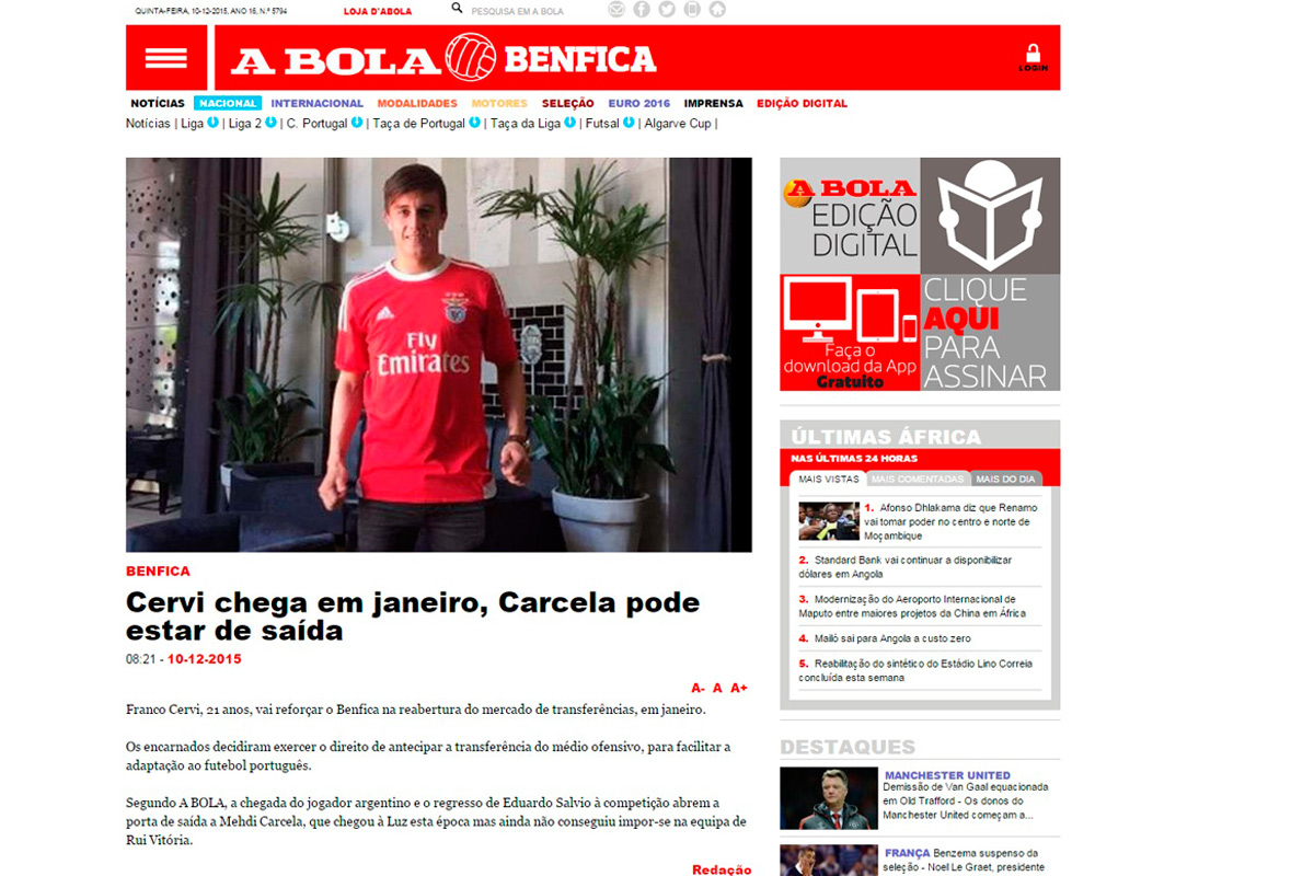 Medios portugueses afirman que Cervi se irá en enero