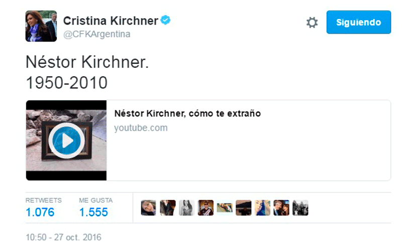 Cristina eligió las redes para recordar a Néstor Kirchner a seis años de su muerte