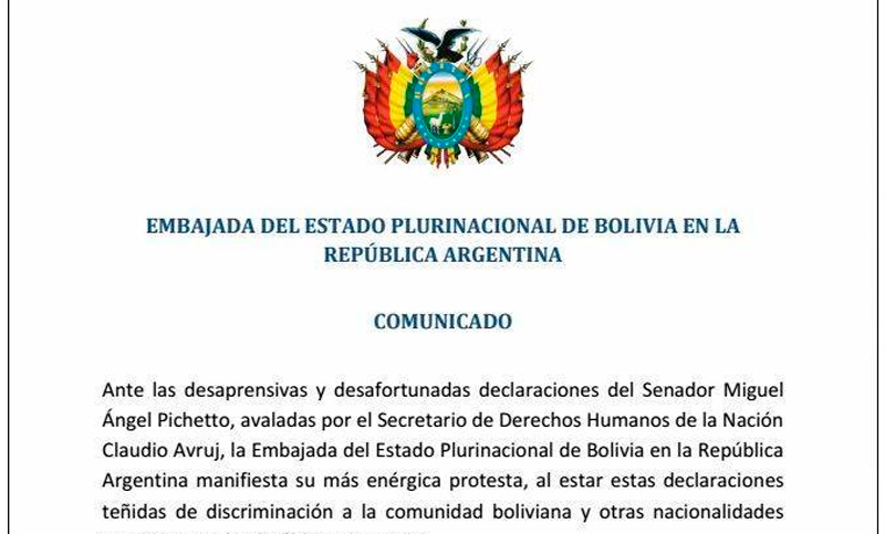 La Embajada de Bolivia repudió los dichos de Pichetto sobre inmigrantes