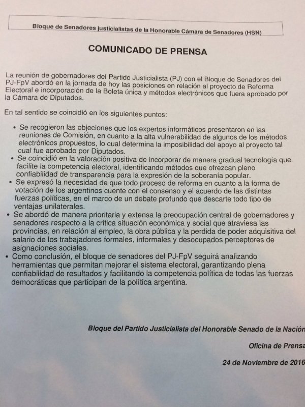 Por falta de respaldo del FpV- PJ, se cayó el proyecto de reforma electoral
