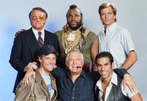THE A-TEAM -- Pictured: (back, l-r) Robert Vaughn as General Hunt Stockwell, Mr. T as B.A. Baracus, Dirk Benedict as Templeton 'Faceman' Peck, (front, l-r) Dwight Schultz as 'Howling Mad' Murdock, George Peppard as John 'Hannibal' Smith, Eddie Velez as Frankie Santana -- Photo by: Gary Null/NBCU Photo Bank