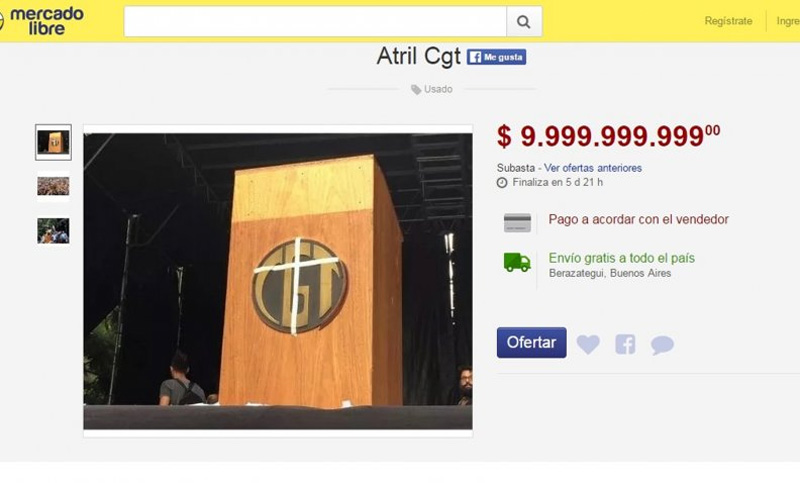 Subastan el atril robado en la marcha de la CGT por Mercado Libre