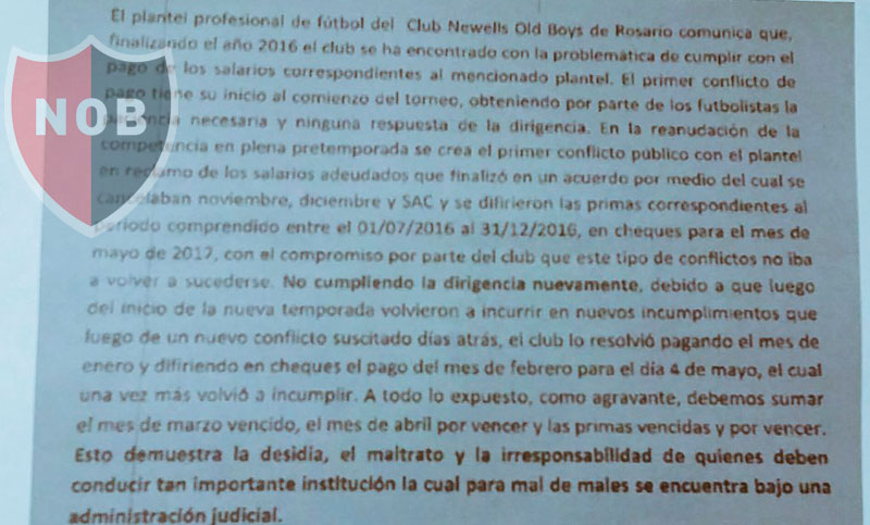 Comunicado del plantel de Newell’s: “Esto demuestra desidia y maltrato”