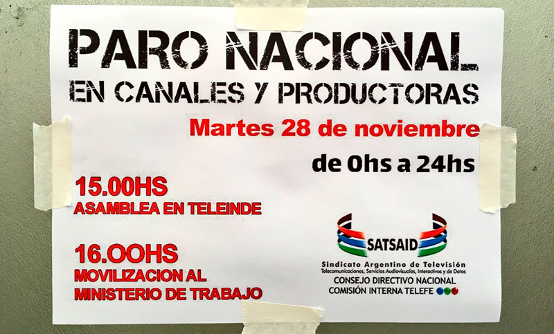 Este martes habrá paro en los canales de aire y el gremio Satsaid vuelve a movilizarse