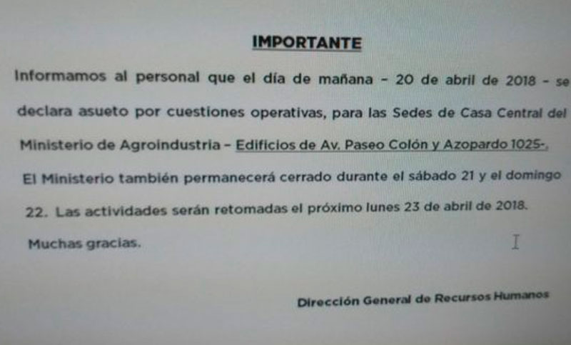 Cuatro días de asueto en Agroindustria mientras se esperan cientos de despidos