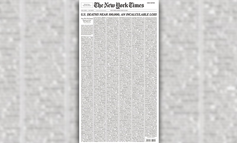 El diario The New York Times publicó una portada con los nombres de mil víctimas de coronavirus