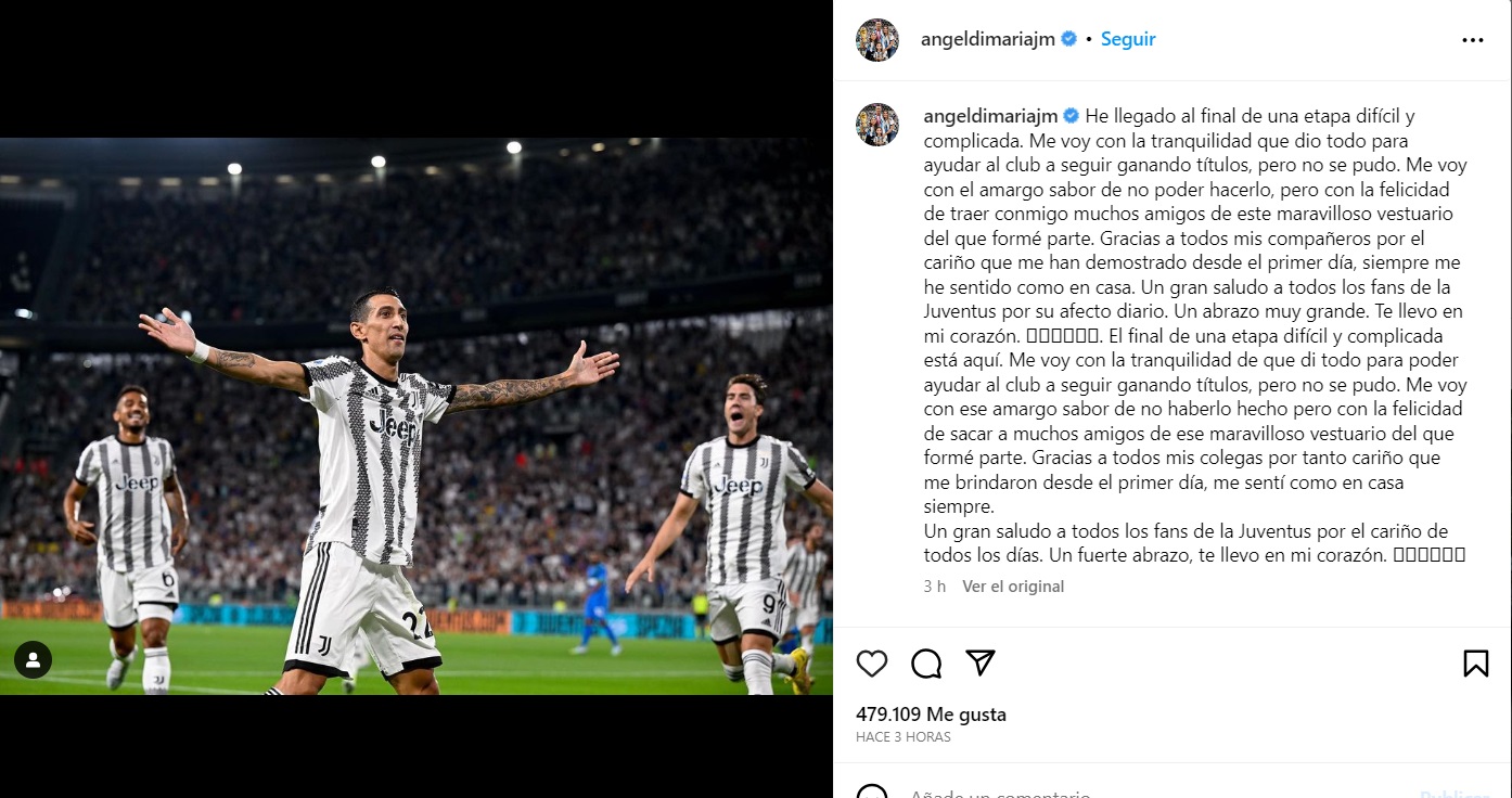 Ángel Di María se despidió de la Juventus y su futuro es una incógnita