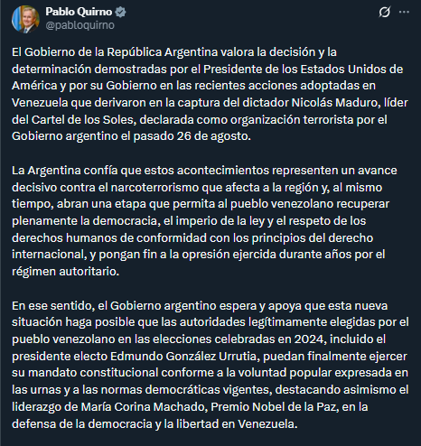 Milei y Quirno se alinean sin fisuras al relato estadounidense sobre Maduro y Venezuela