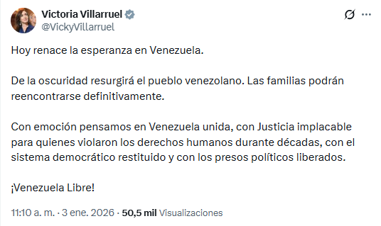 Victoria Villarruel festejó "el fin de la oscuridad en Venezuela"