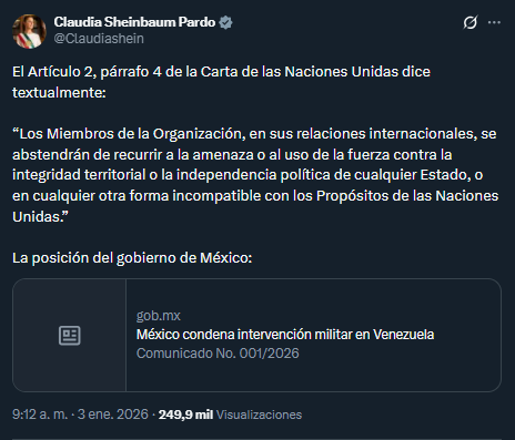 México "condena y rechaza" la intervención de Estados Unidos en Venezuela "en clara violación a la Carta de la ONU"