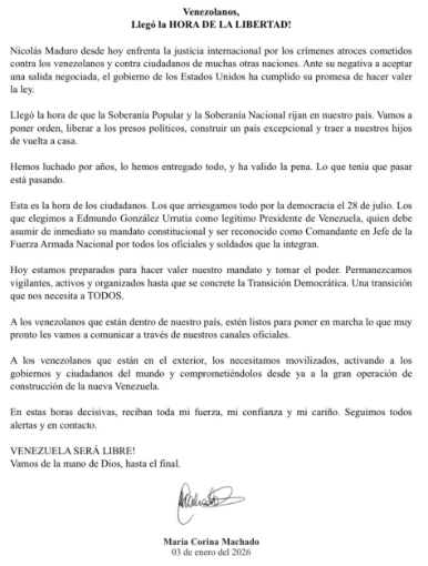 Corina Machado, tras la detención de Maduro: “Vamos a poner orden, estamos preparados para tomar el poder”